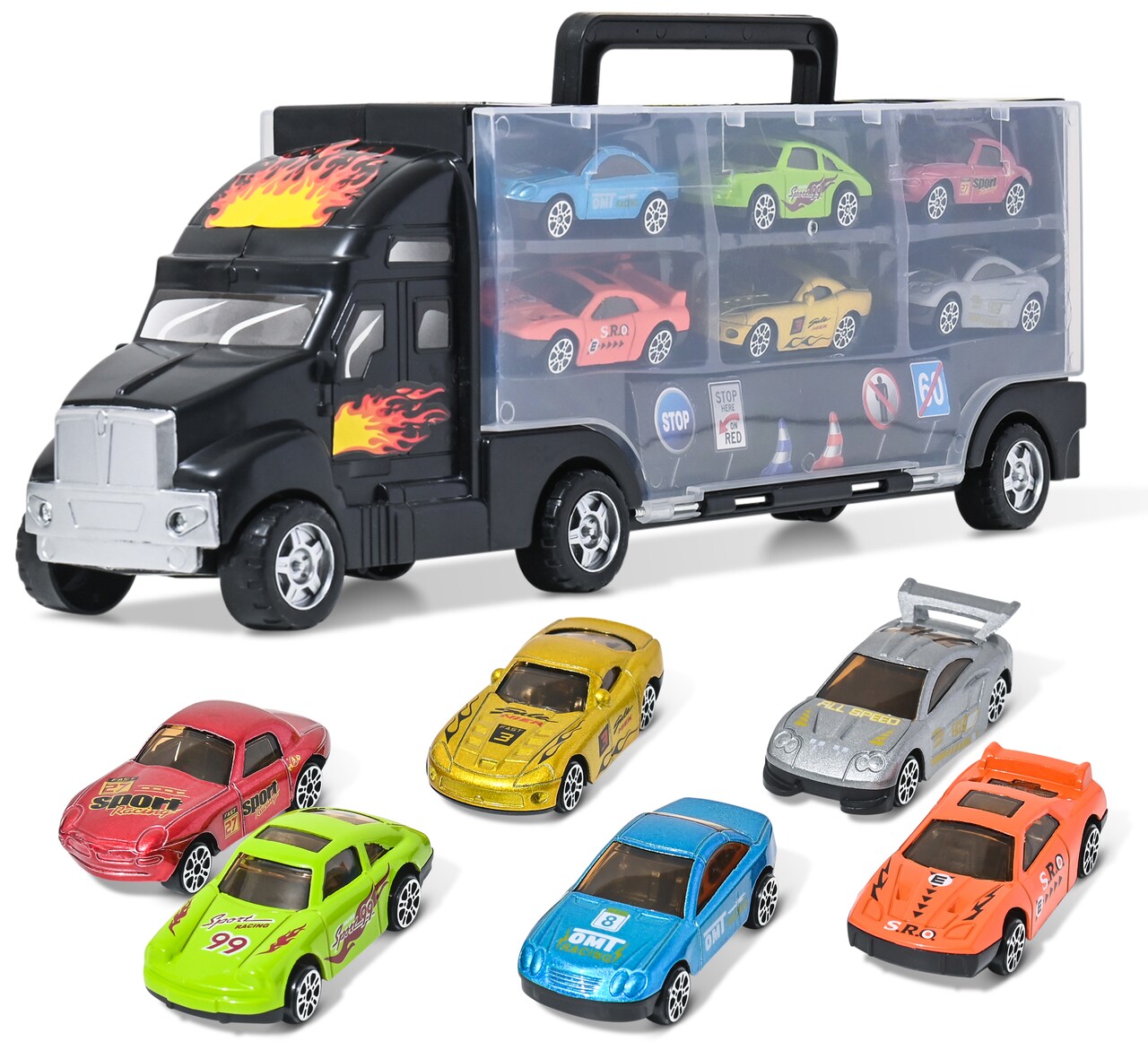 Big Mo's Toys Transport Car Carrier Truck - with 6 Stylish Metal Racing Cars - with Carrying Case
